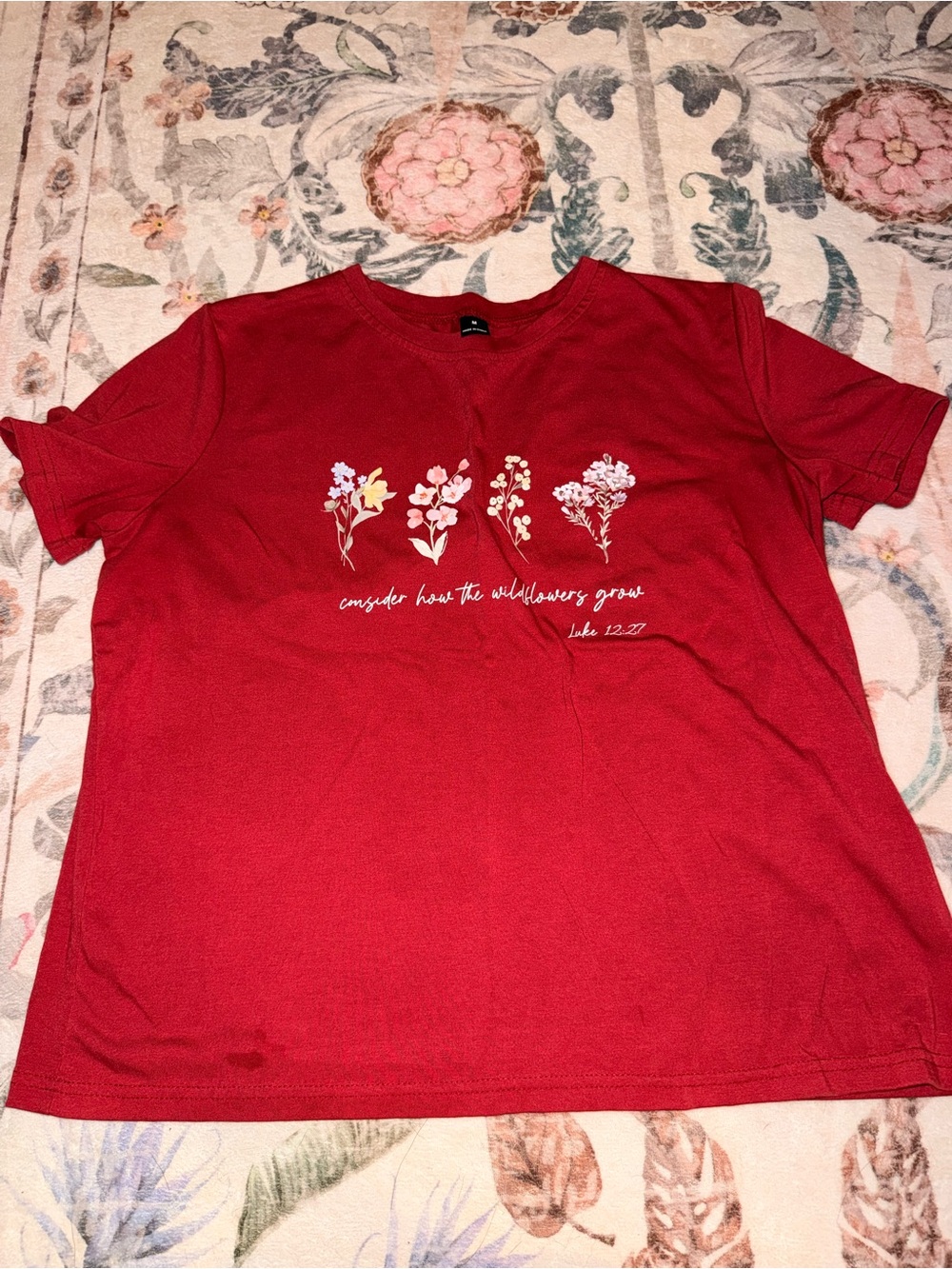 SHEIN Burgundy Short Sleeve Tee with Floral Graphic